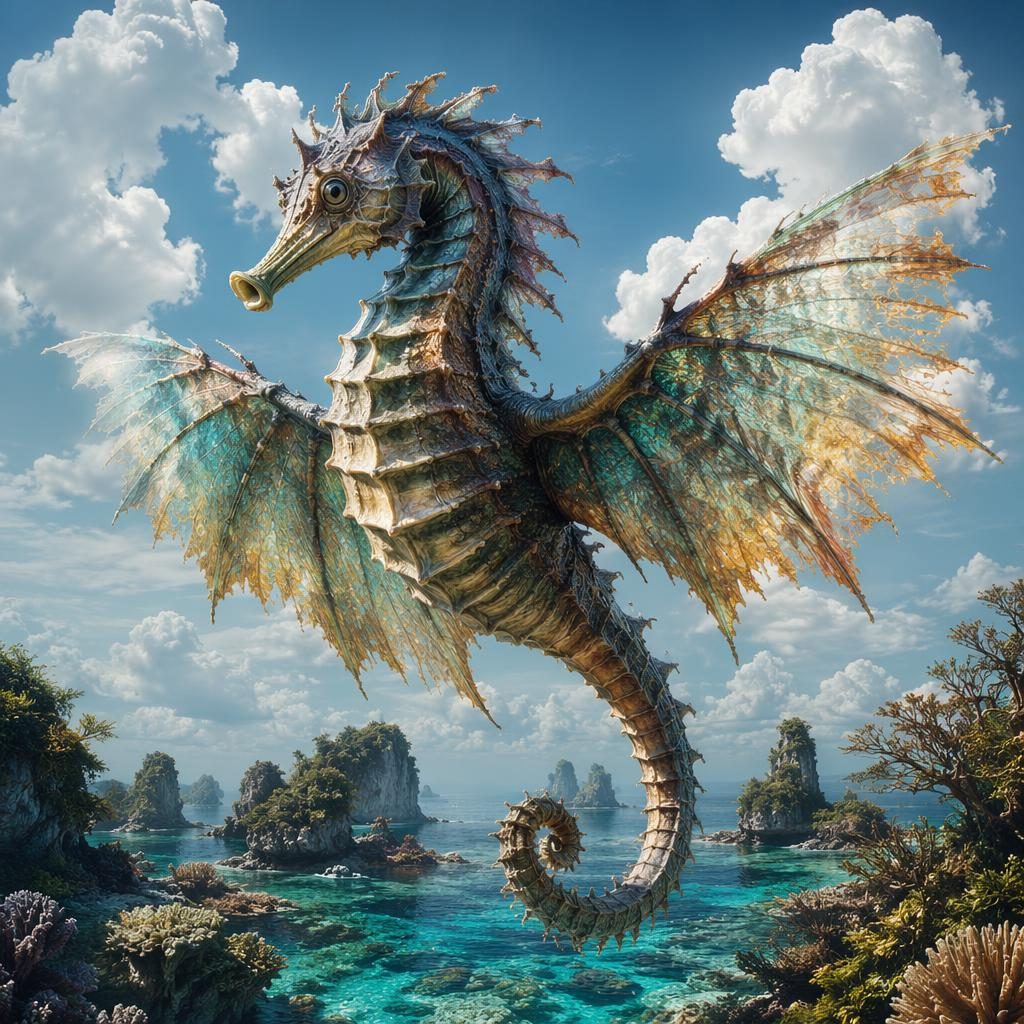 Speculative biology render of a giant flying reef seahorse in an alien forest, shown as a single calm creature with natural scale.
