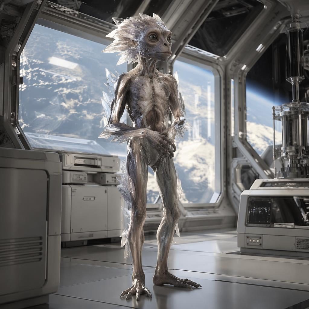 Photoreal bio-mechanical primate-crystal creature standing in an orbital habitat by windows and research equipment