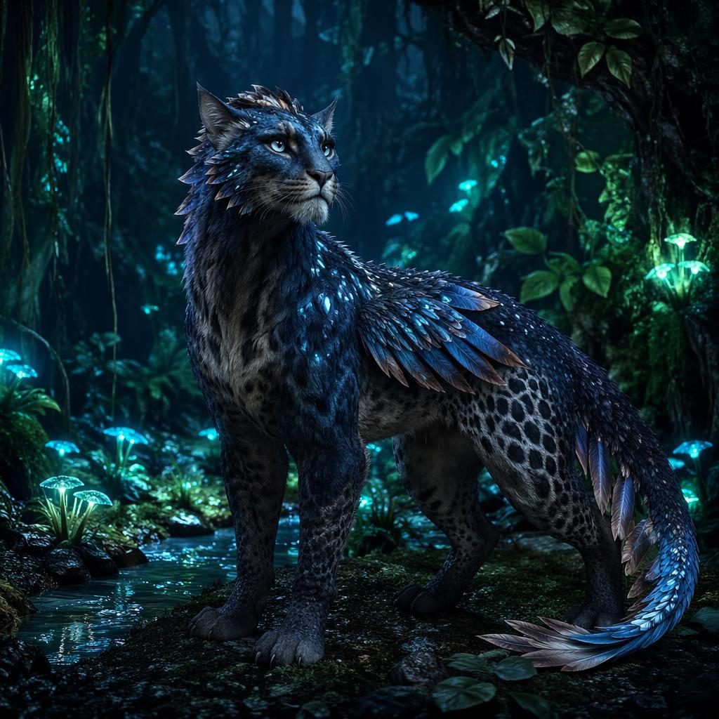 Créature fantastique féline à plumes, style dinosaure, posée calmement dans une jungle bioluminescente