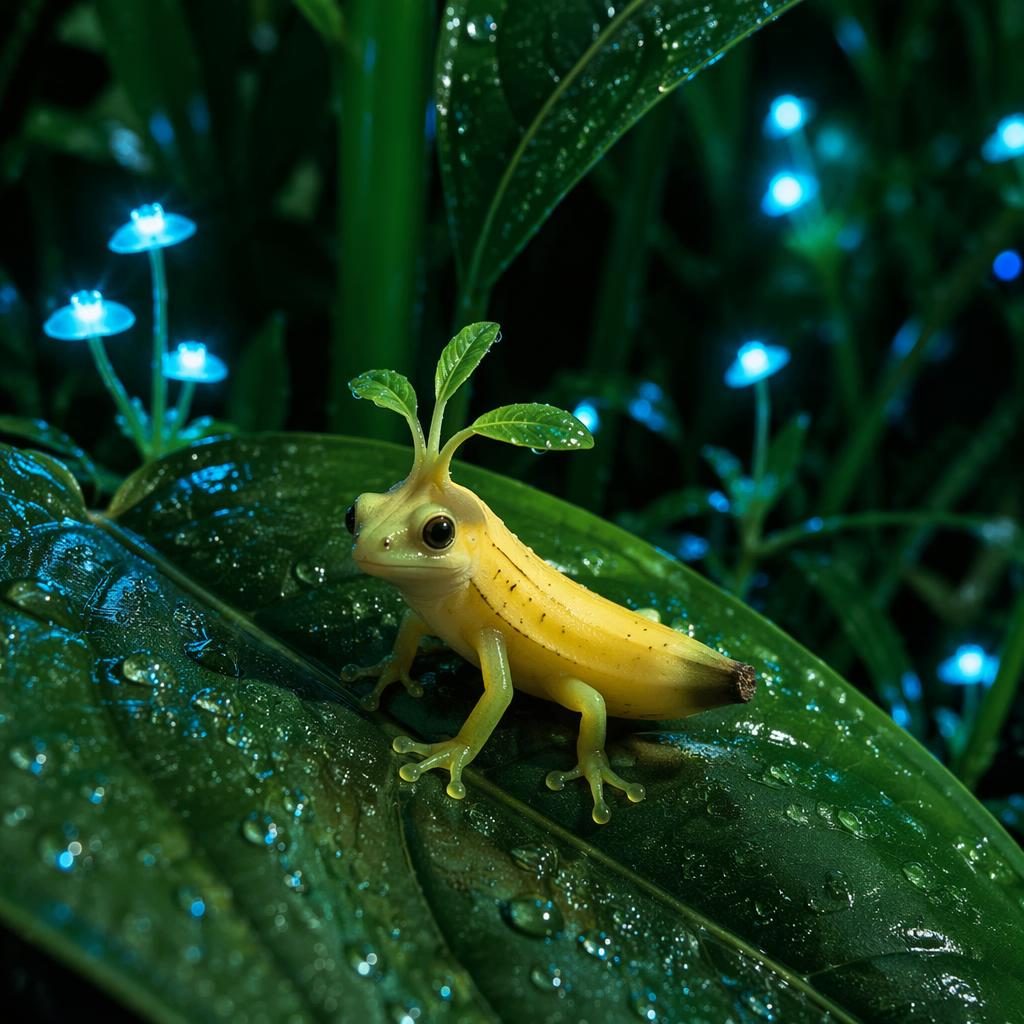 Una nano banana fotorealistica, ibrido pianta-animale, posa su una grande foglia tra rugiada e fogliame luminoso.