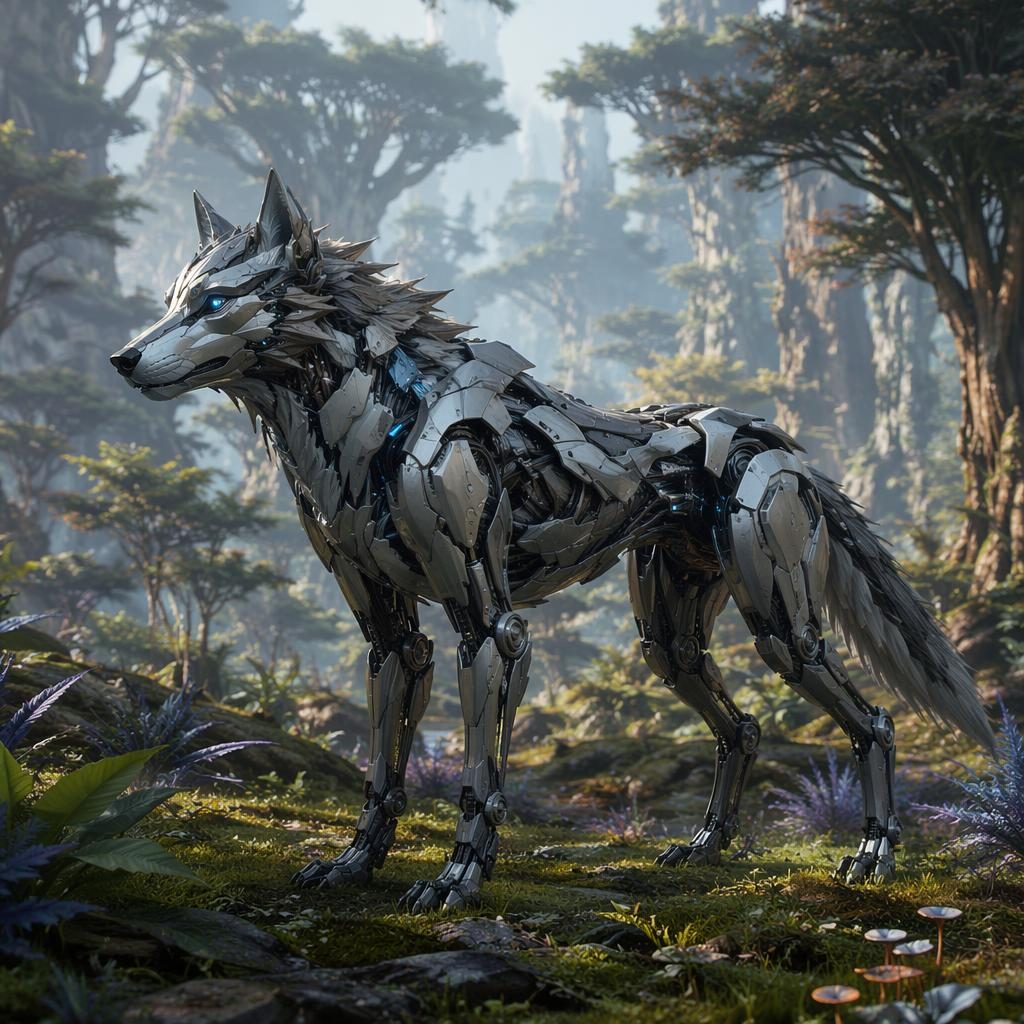 Concept art of a calm cybernetic mecha wolf standing in an alien forest with natural light and believable insectoid details.