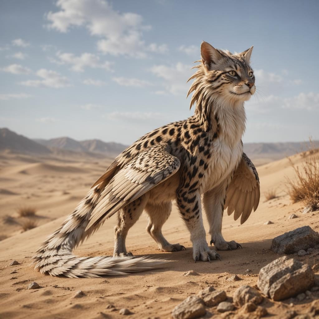 Natural history style illustration of a small feathered dinosaur-cat hybrid in desert dunes, calm and believable.