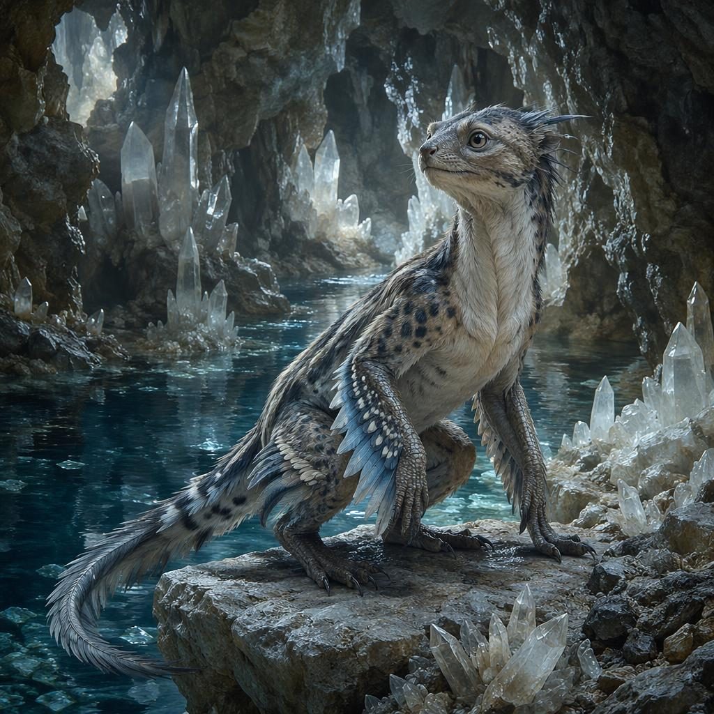 Ein ruhiger Federdino-Katzenhybrid in Kristallhöhlen, naturhistorisch illustriert mit schuppiger Haut und realistischen Proportionen.