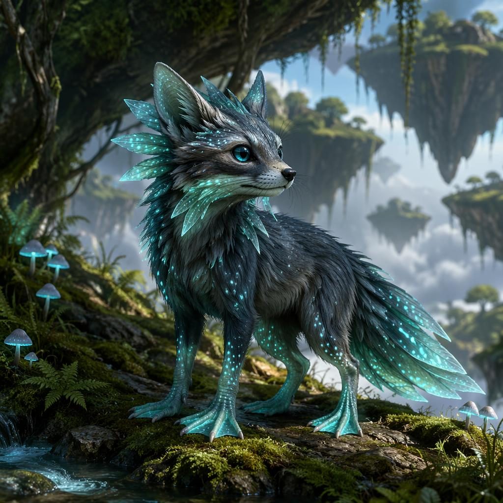 Biolumineszenter Waldfuchs als naturhistorische Illustration auf schwebenden Himmelsinseln, ruhig stehend im Waldlicht