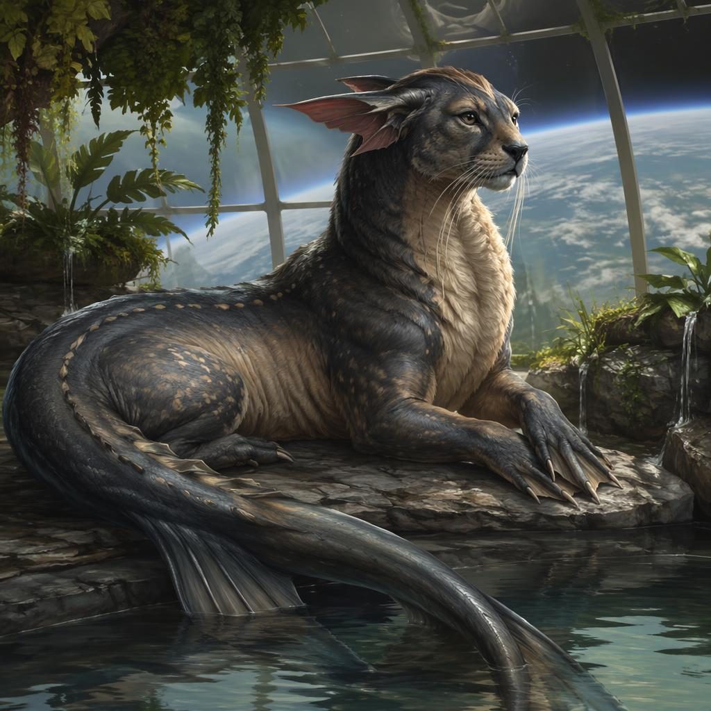 Painterly fantasy render of a calm electric eel feline in an orbital habitat, with believable scales, fur, and avian-marsupial traits.