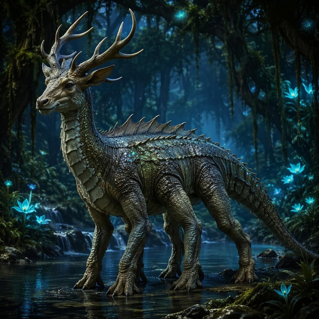 Cerf saurien géant à six pattes dans une jungle bioluminescente, rendu naturaliste en style diagramme spéculatif