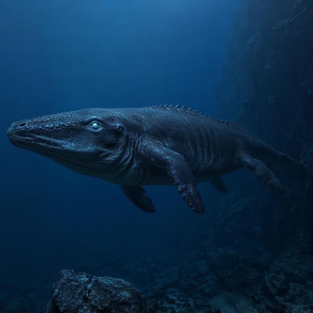 Criatura abisal única inspirada en bestias marinas, con ojos bioluminiscentes y aletas poderosas en una fosa profunda