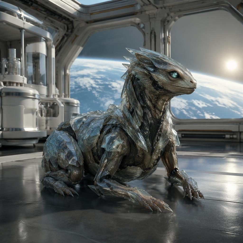 Créature biomécanique cristalline et insectoïde, taille petit chien, au repos dans une station orbitale futuriste