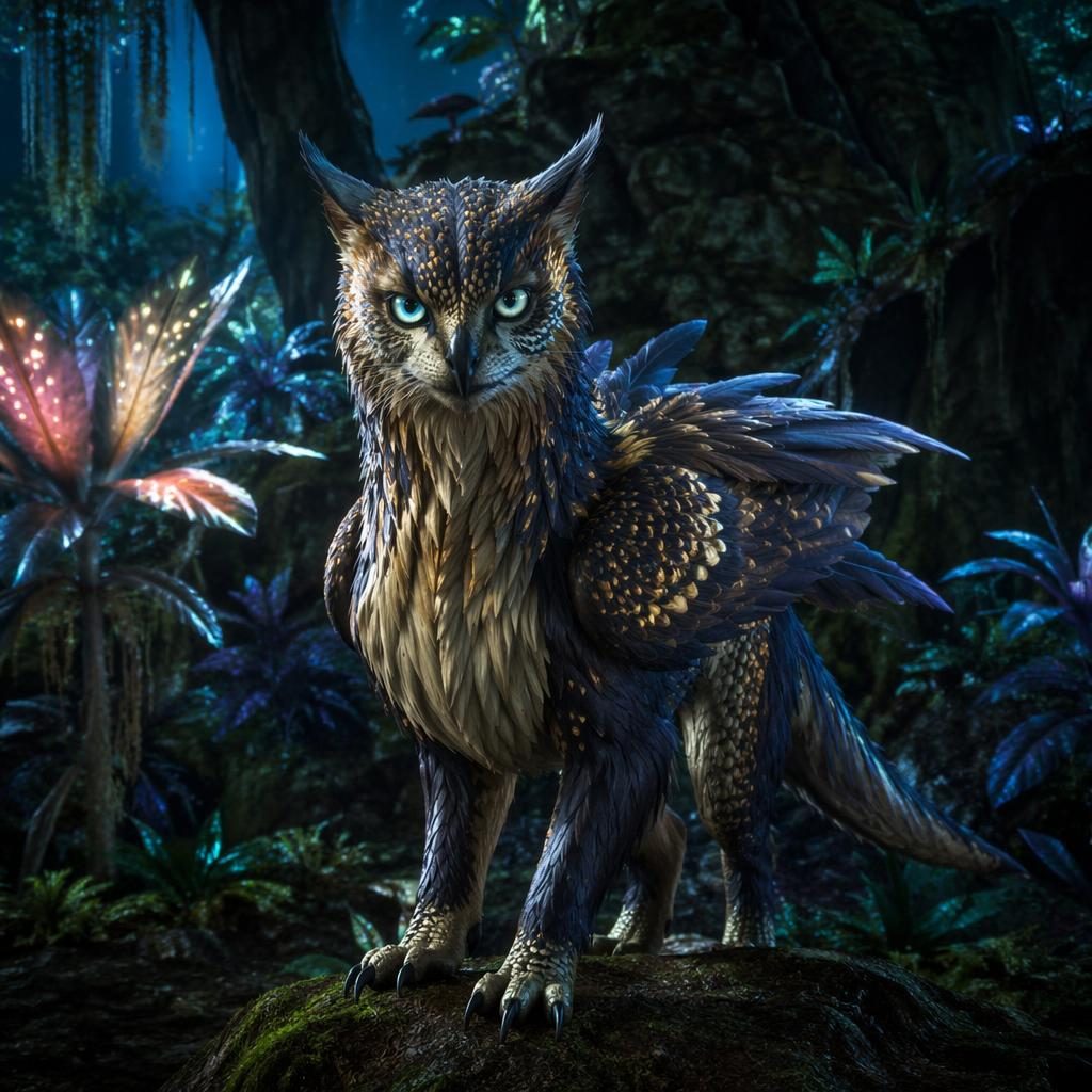 Photorealistic alien wildlife creature with feline and avian features standing in a glowing jungle with oversized plants