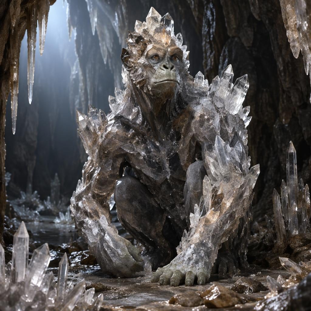 Mythologisch primatenwezen van steen en kristal staat rustig in een kristalgrot met doorschijnende mineraalgroei