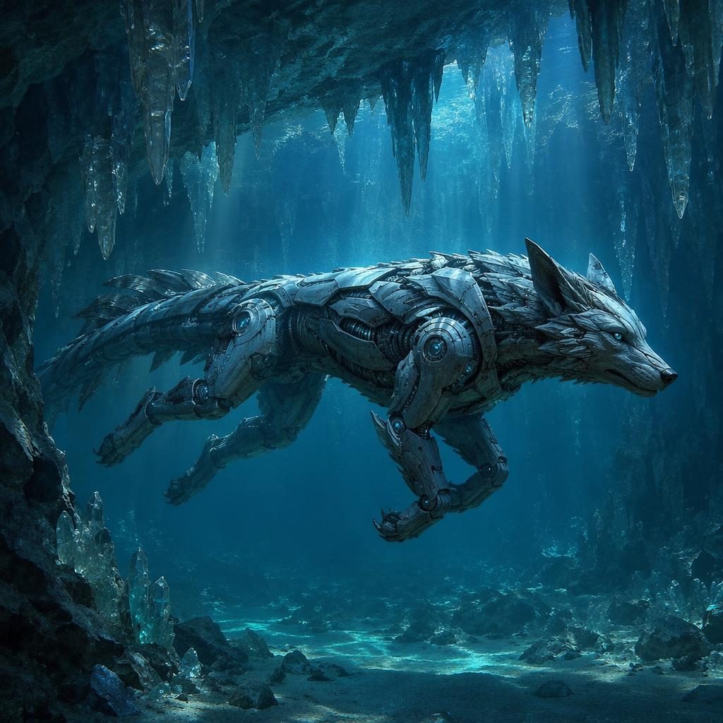 Un loup mécha colossal, seul et calme, dans des grottes cristallines sous-marines baignées d’une lumière naturelle.