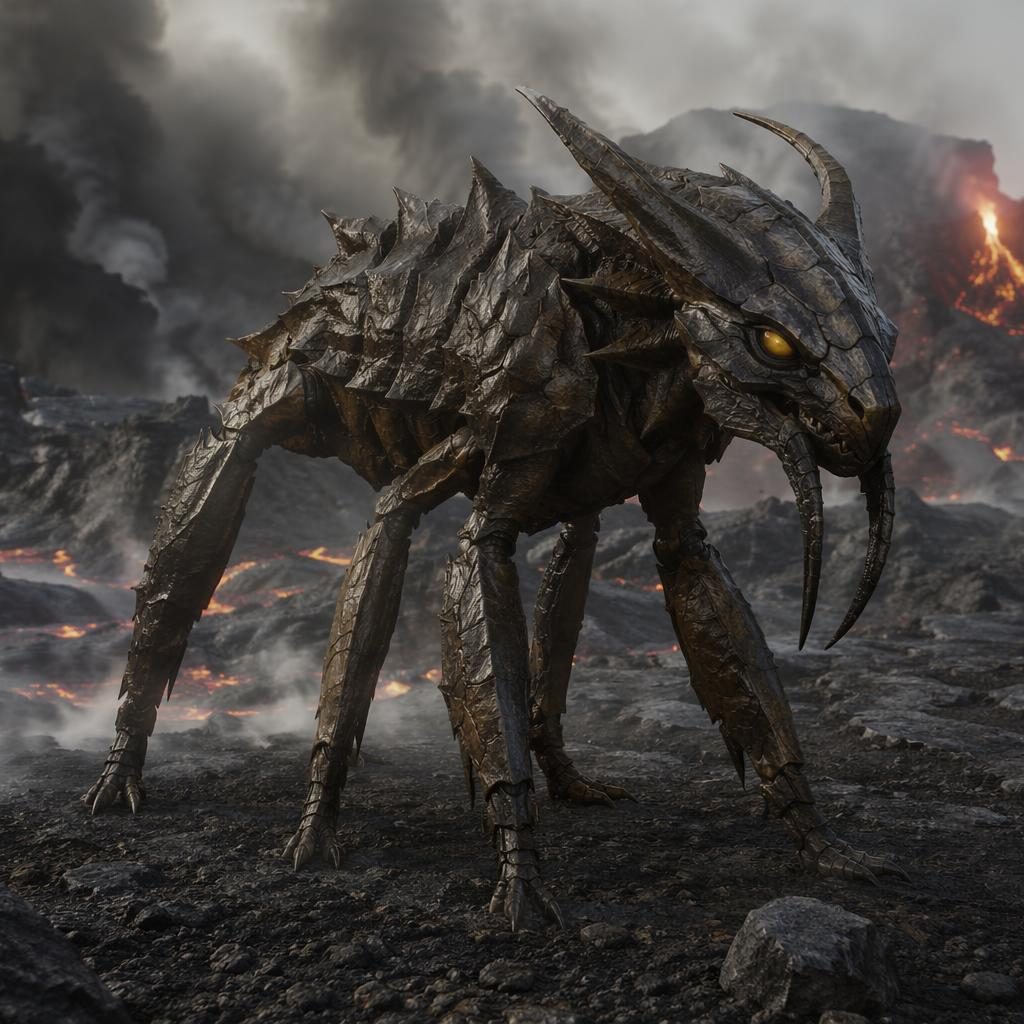 Photorealistic monster maker creature with armored scales, segmented limbs, and glowing eyes on basalt by lava vents.
