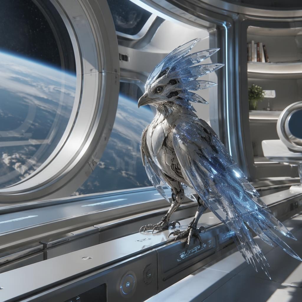 Creatura bio-meccanica cristallina simile a un uccello, posata in un habitat orbitale futuristico e luminoso