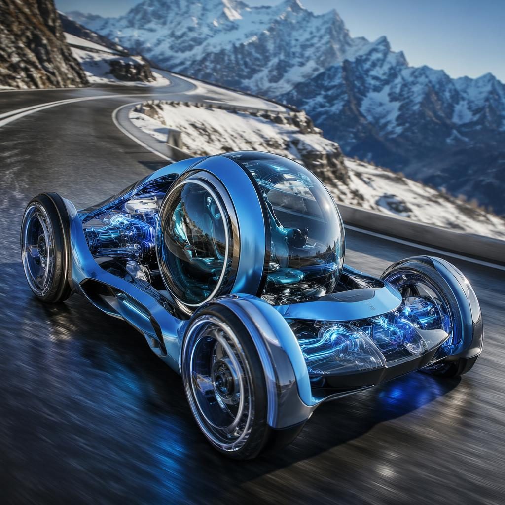 Render aéreo de un hot hatch futurista azul eléctrico con cabina giratoria y paneles transparentes en pista
