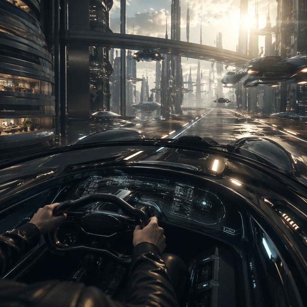 Innenraum-POV eines retro-futuristischen Grand Tourers 2100 in Mattschwarz auf einer vertikalen City-Skywalk