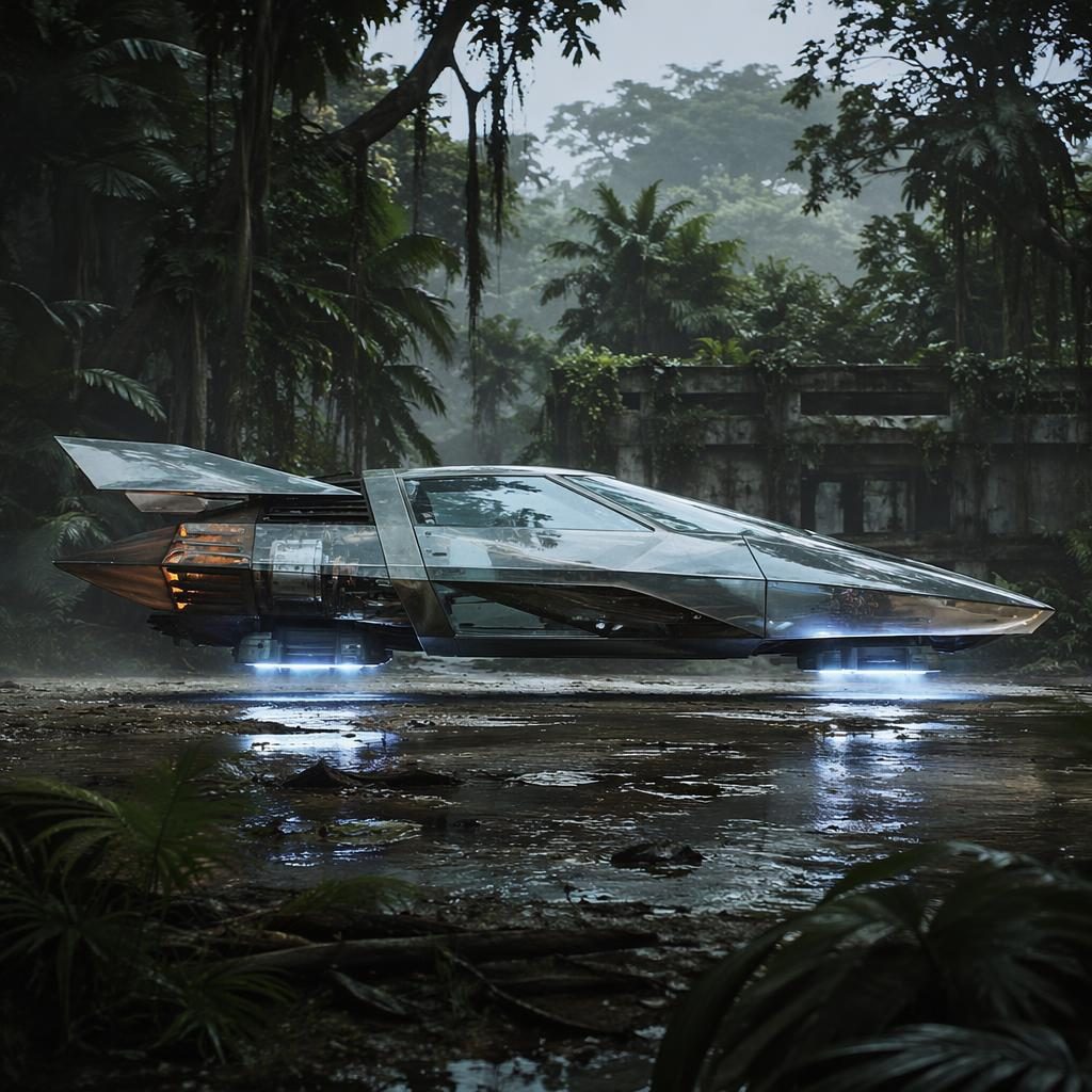 Sedán futurista 2035 de perfil, carrocería translúcida tipo cristal, diseño brutalista, en expedición por la jungla