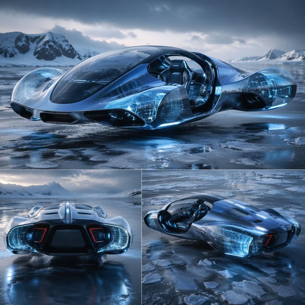 Low-angle render of a futuristic rotating cabin pod grand tourer on frozen tundra with holographic bodywork