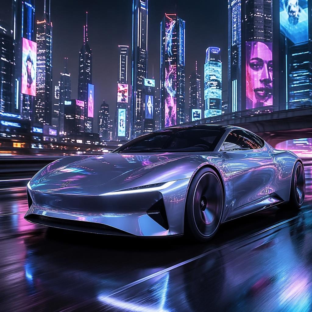 Coupé deportivo eléctrico futurista 2050 en plata iridiscente, vista frontal tres cuartos sobre autopista de megaciudad neón