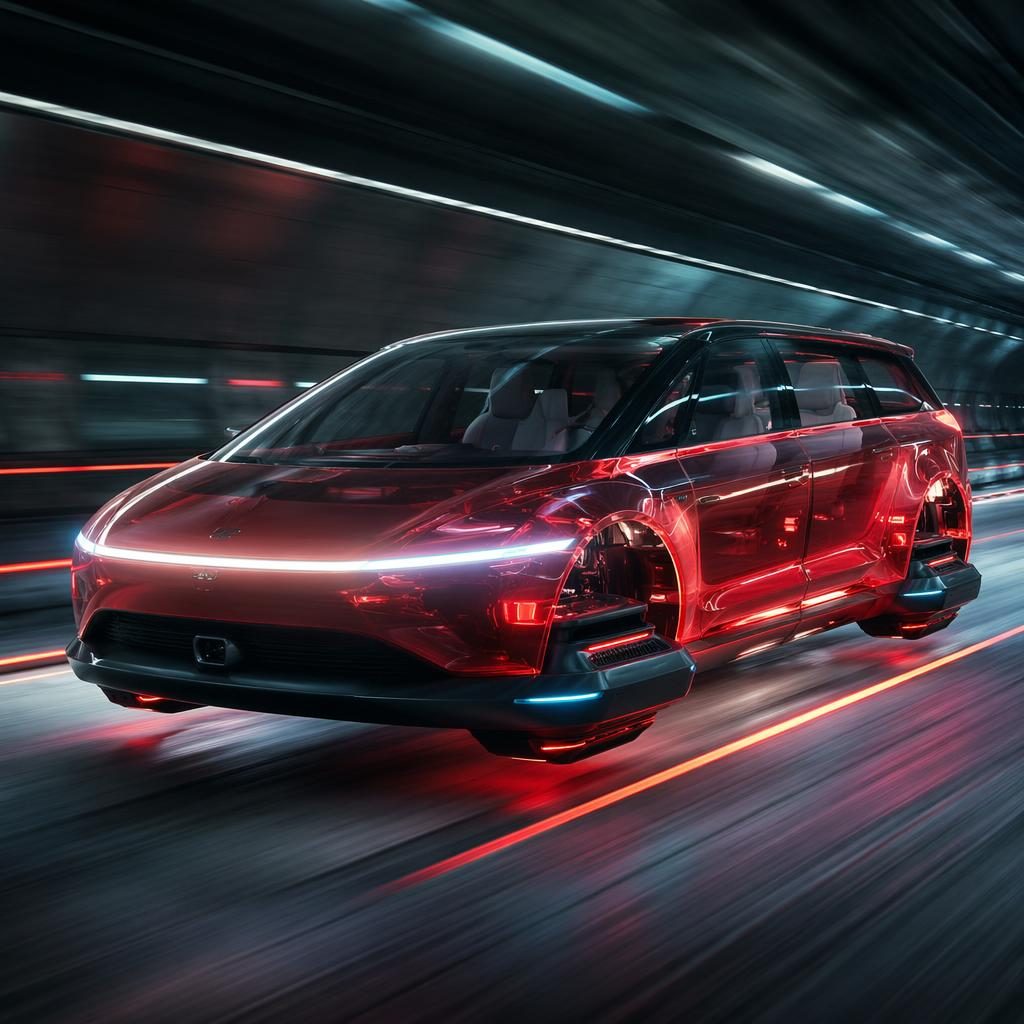 Rendu d’un SUV futuriste 2050 rouge translucide en lévitation, vu de face en contre-plongée dans un tunnel.