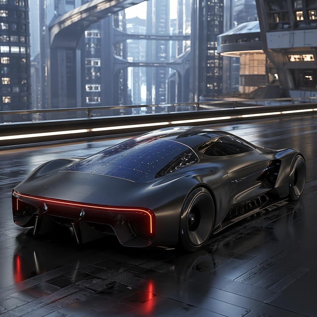 Matně černé futuristické kupé concept car v zadním tříčtvrtečním pohledu na městské lávce, filmové světlo