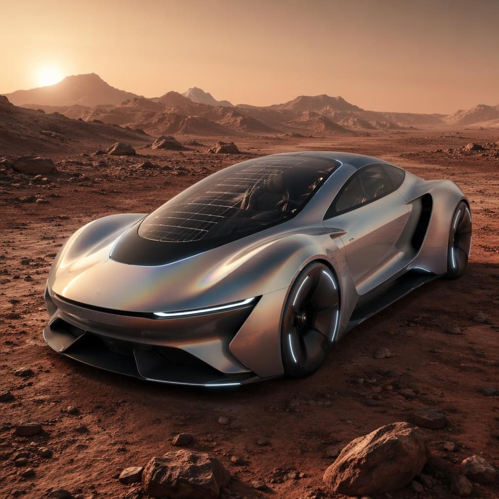 Futuristické sportovní kupé v duhově stříbrné barvě, pohled zepředu ze tří čtvrtin, na suché marsovské krajině.