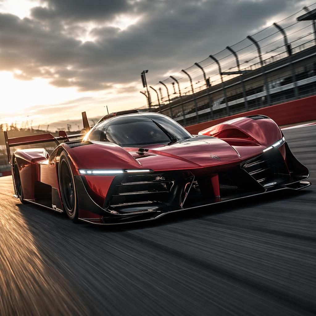 Coche de carreras eléctrico futurista rojo oscuro en pista, vista baja frontal, con aerodinámica agresiva y neumáticos lisos