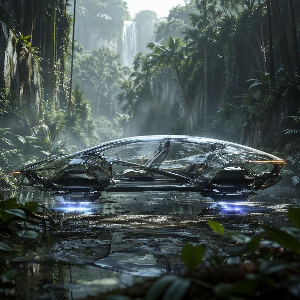 Render lateral de coupé deportivo futurista 2035 con carrocería translúcida tipo OLED en la selva