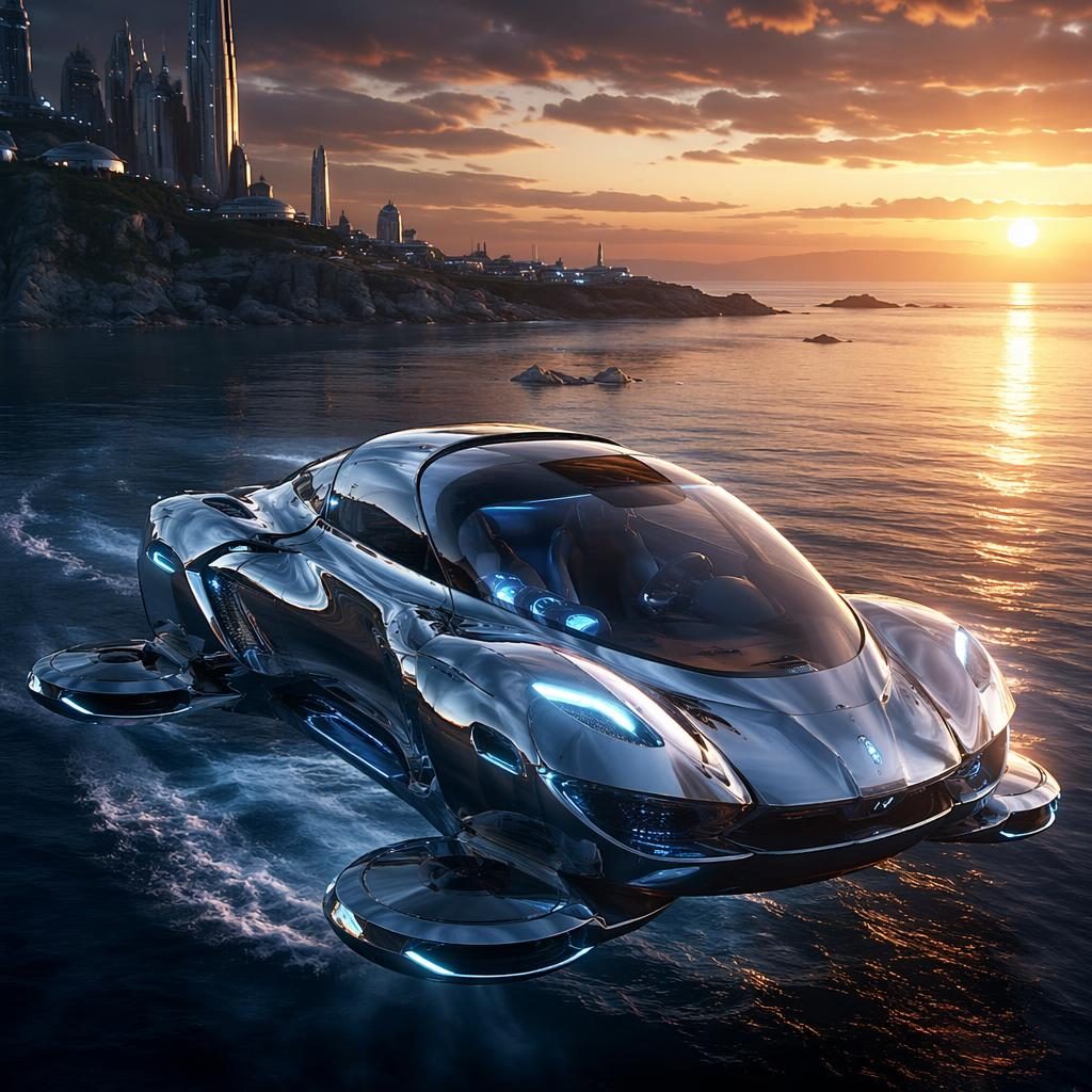 Aerial-Render eines amphibischen Hovercars 2080 mit Liquid-Chrome-Karosserie bei Küsten-Sonnenuntergang