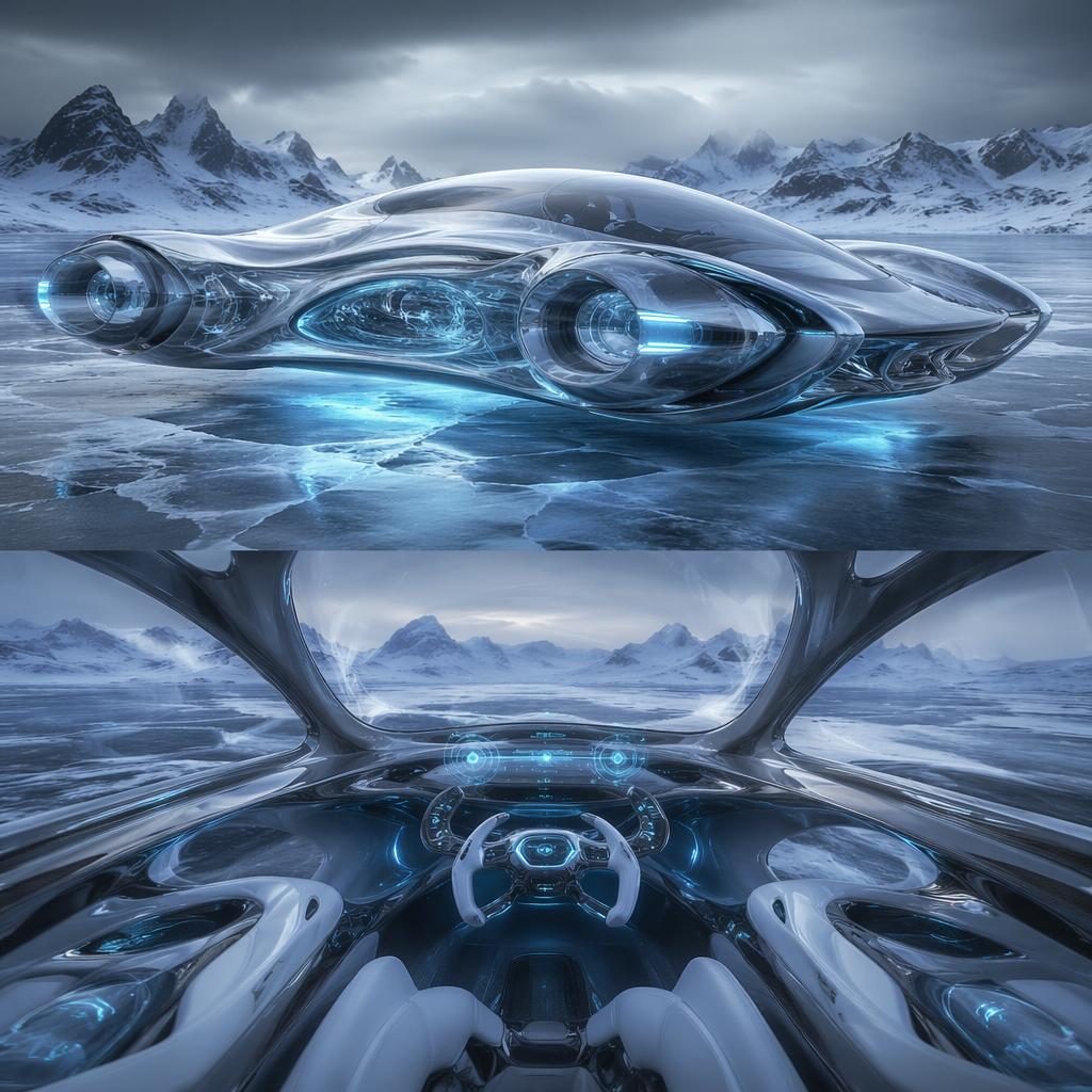 Interiér futuristického SUV 2100 s antigravitací, holografickou karoserií a výhledem na zamrzlou tundru.