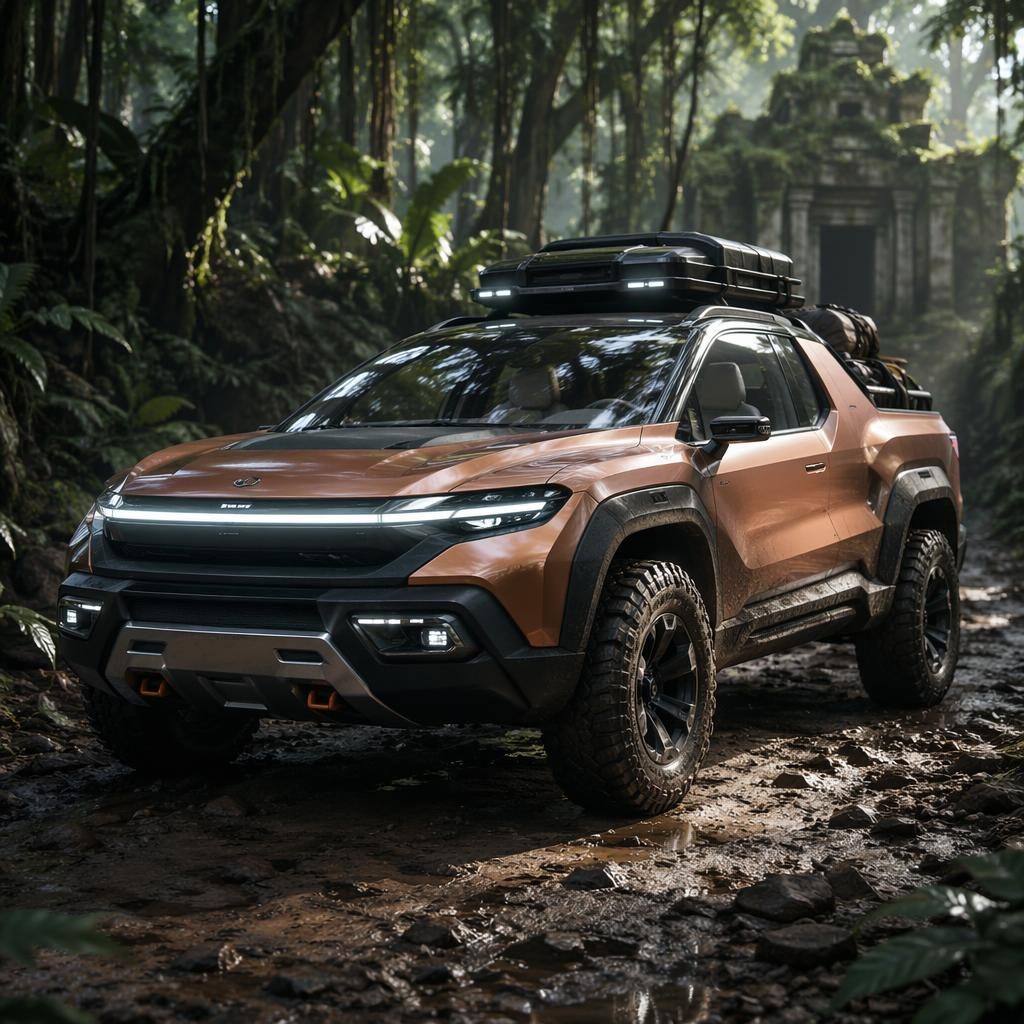 Copper pearl 2050 Subaru Baja-inspired electric off-roader in a jungle, front three-quarter view with compact pickup bed