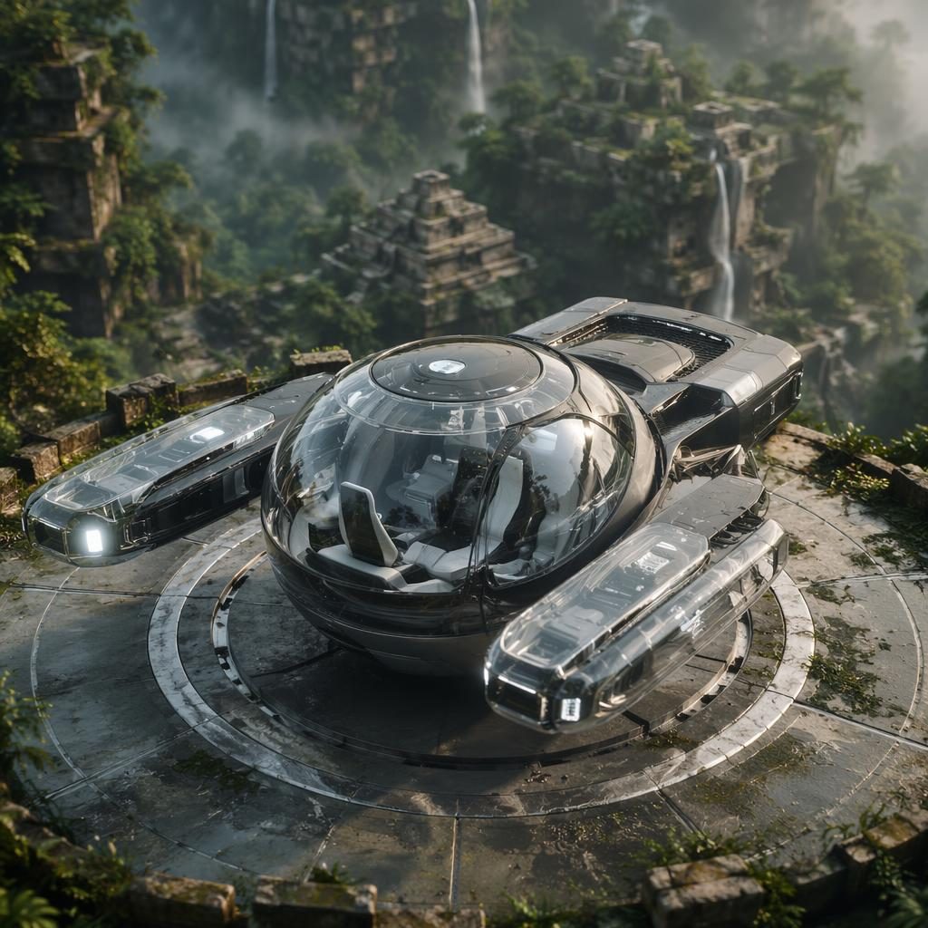 Rendu aérien d’un coupé sport futuriste 2080 à cabine rotative, carrosserie cristal translucide, au-dessus d’une jungle