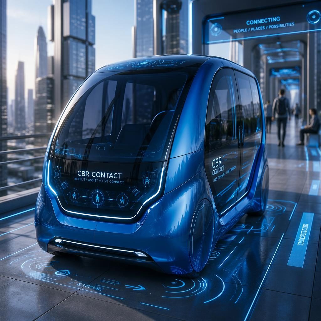 Fotorealistische futuristische autonome pod in elektrisch blauw, driekwart vooraanzicht op een verhoogde city skywalk.