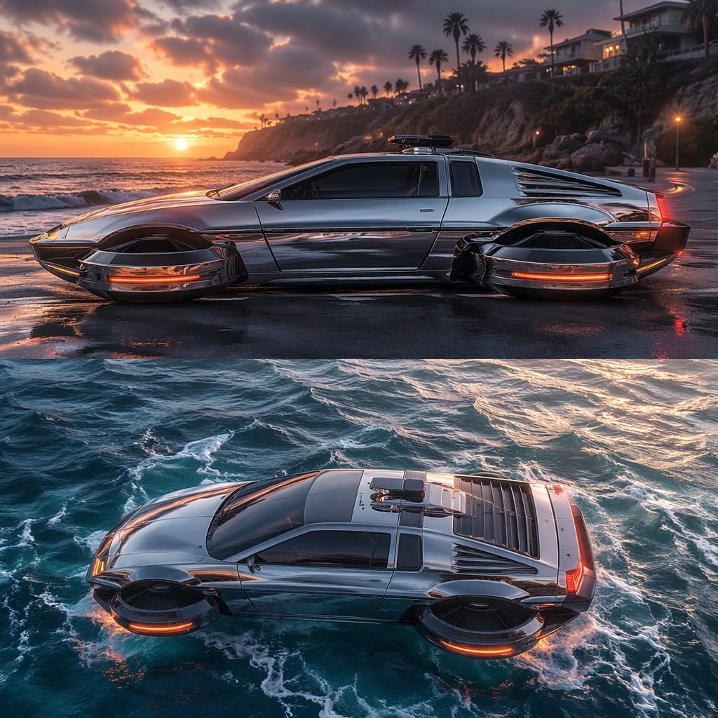 Render lateral de hovercar anfibio 2035 con carrocería cromada líquida, estilo cyberpunk y atardecer costero