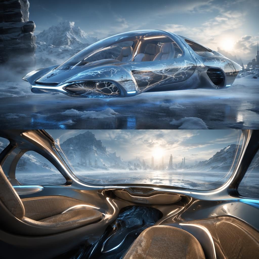 Vista interior de un taxi autónomo futurista de 2100 con carrocería holográfica sobre tundra helada