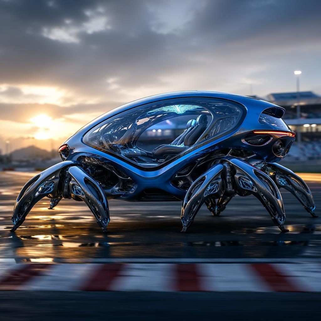 Rendu latéral d’un pod autonome futuriste bleu électrique, panneaux transparents, sur circuit, style biomimétique.