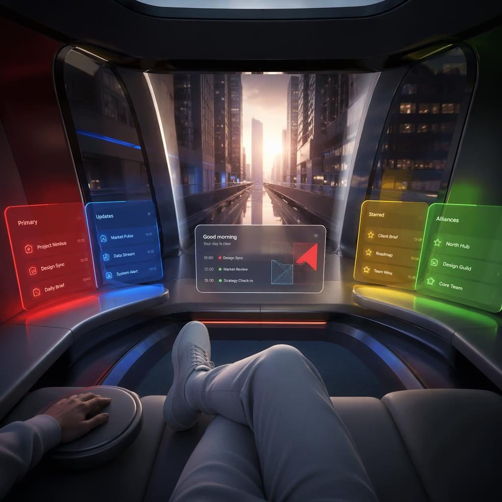 Widok z wnętrza autonomicznego podu 2050 na pionowym skywalku, z holograficznym kokpitem i kolorowymi panelami światła.