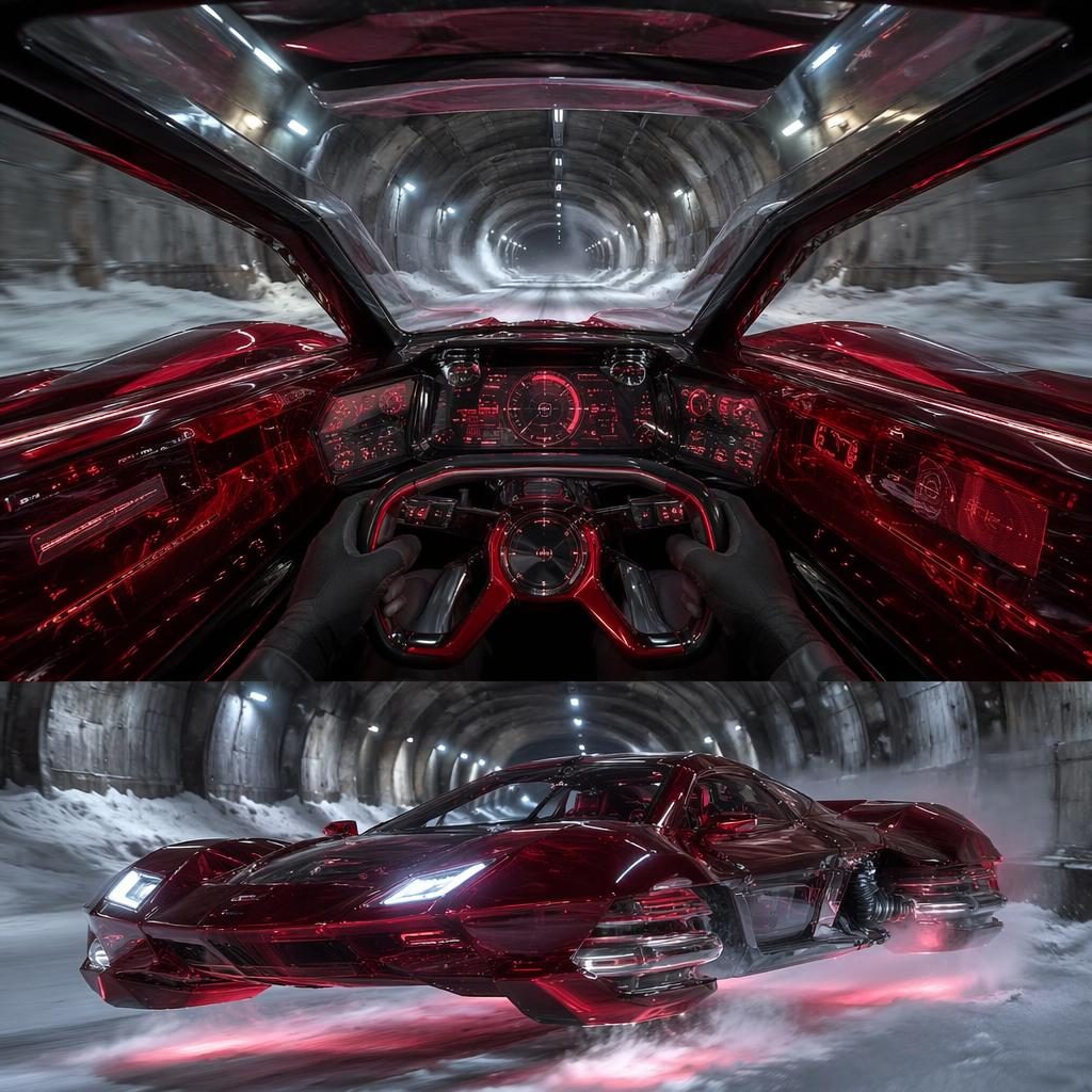 Interior POV of a deep red translucent levitating snow rover in an underground tunnel, cinematic futuristic render