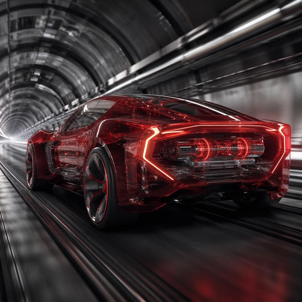 Futuristisches Offroad-Konzept in Tiefrot, halbtransparent, Heckansicht schräg im unterirdischen Tunnel