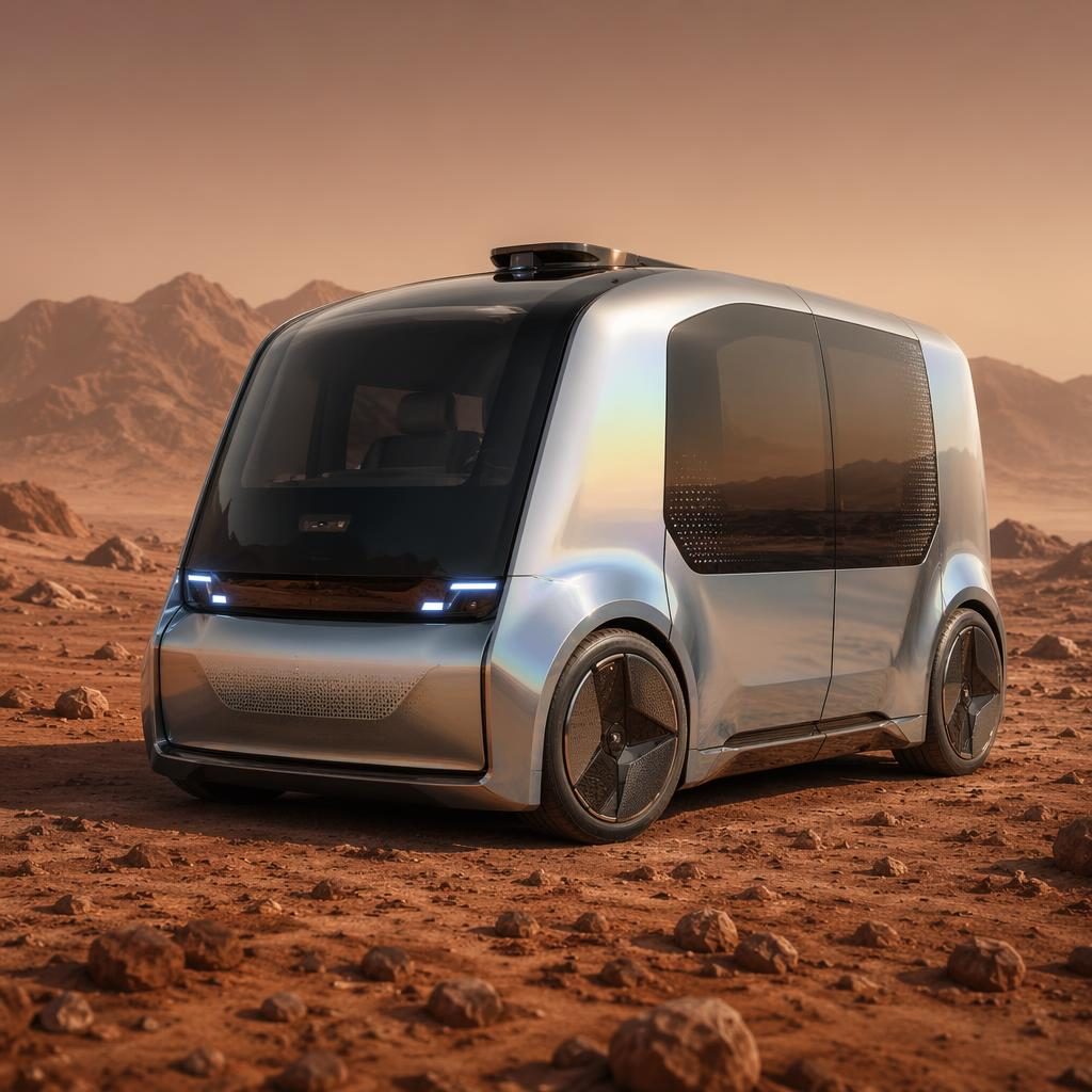 Futuristisches modulares City-Cube-Auto in irisierendem Silber, Front-Dreiviertelansicht, auf karger marsähnlicher Wüste
