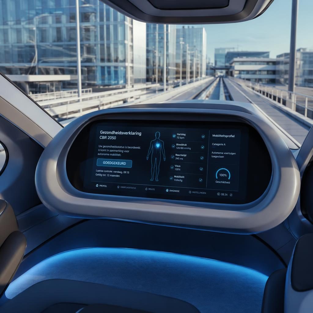 Interieurbeeld van een futuristische autonome pod met gezondheidsverklaring cbr dashboard en uitzicht op een verticale stadsskywalk.