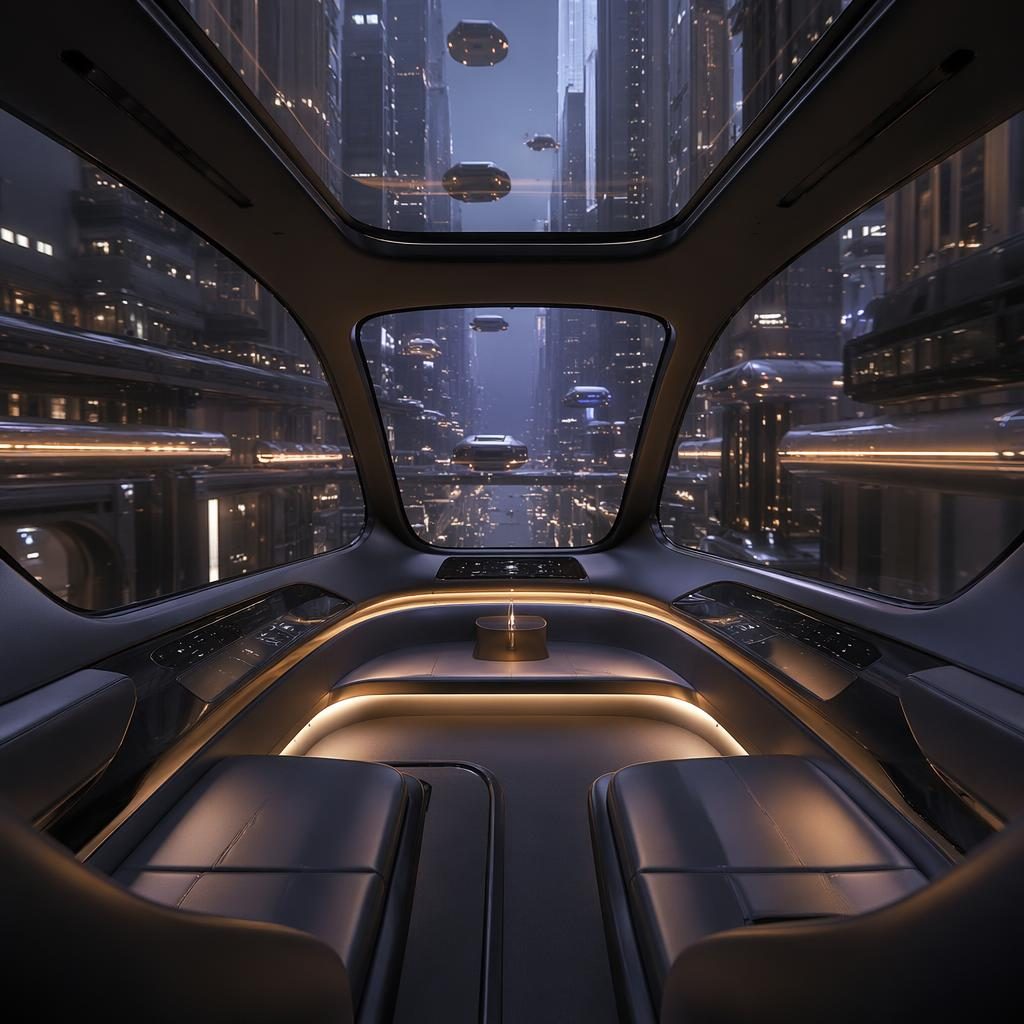 Innenansicht eines autonomen Pod-Taxis von 2100 in mattschwarz auf vertikalem Stadt-Skywalk, retro-futuristisch