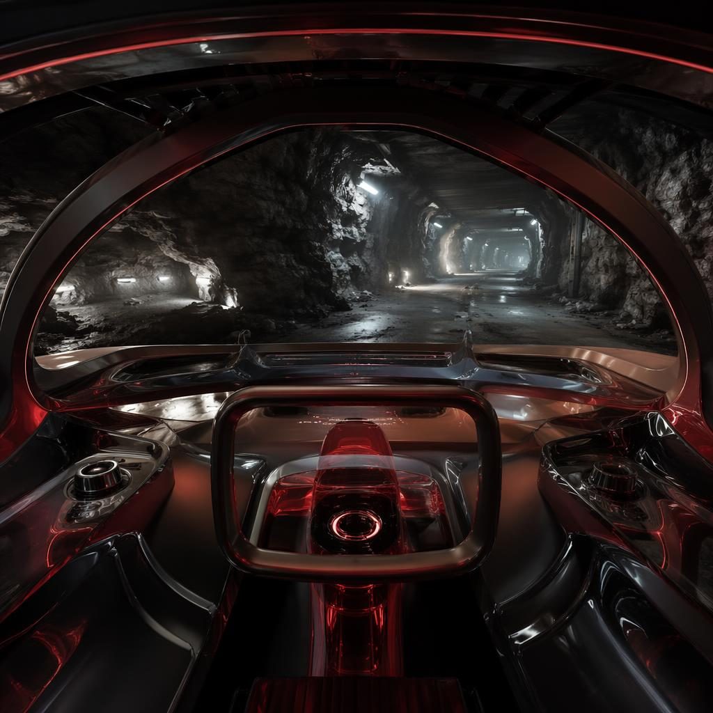 Interior POV of a deep red translucent 2100 off-roader with rotating cabin pod driving through an underground tunnel