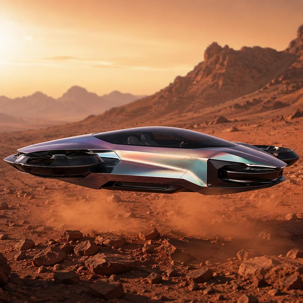 Aerial futuristic sports coupe flying over a Mars-like desert, iridescent silver body with aggressive aerodynamic design.