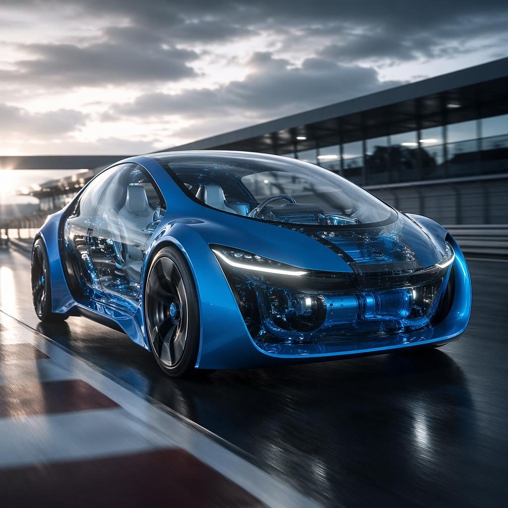 Futuristischer Hot Hatch mit transparenten Karosseriepanelen in Electric Blue, Dreiviertel-Frontansicht auf Rennstrecke