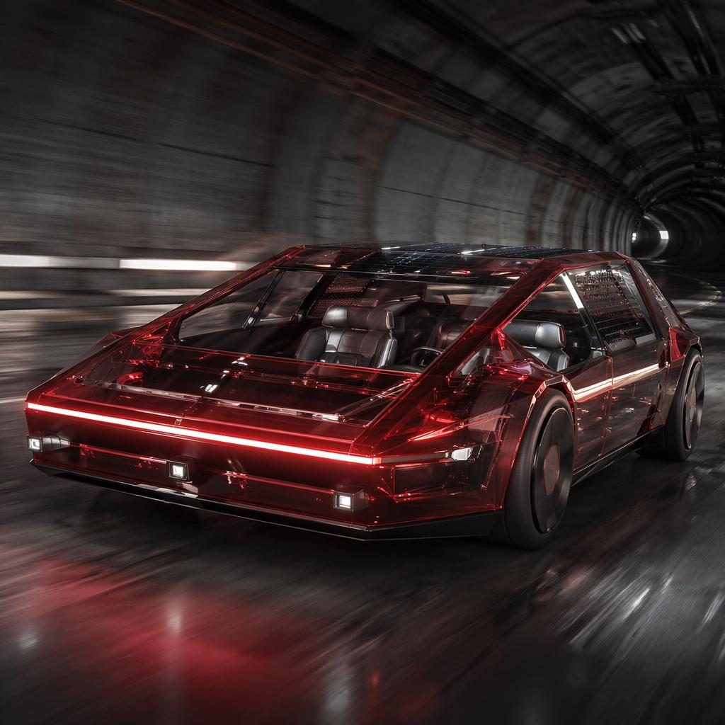 Rendu d’un véhicule tout-terrain futuriste 2050 rouge foncé, translucide, vu de face dans un tunnel souterrain