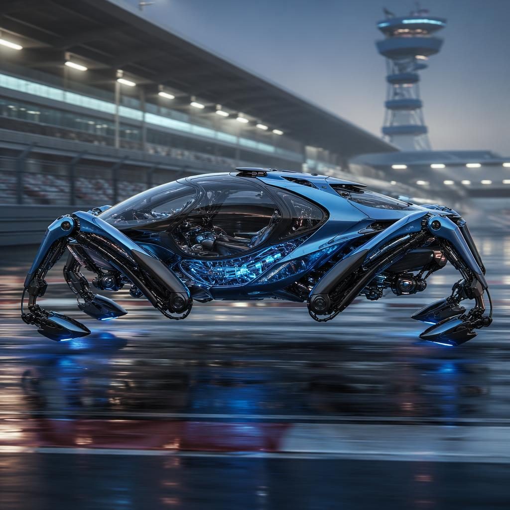 Boční pohled na futuristický hover vůz 2035 s transparentními panely, modrou karoserií a závodní dráhou.