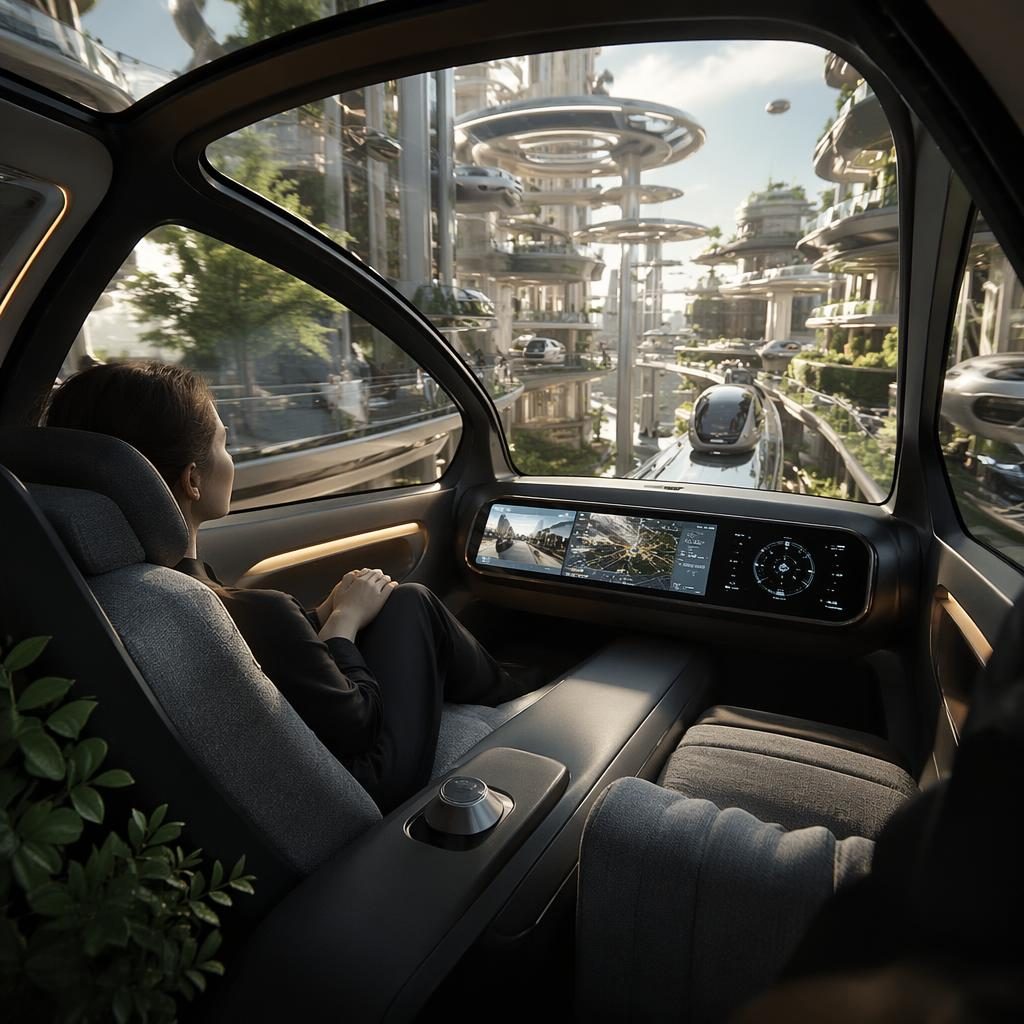 Vue intérieure d’un pod volant futuriste noir mat, design rétrofuturiste, au-dessus d’une passerelle urbaine verticale