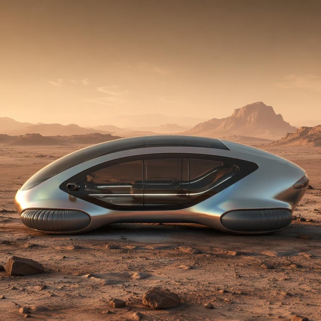 Seitliche Ansicht eines autonomen City-Pod-Konzepts 2035 in irisierendem Silber in karger, marsähnlicher Landschaft