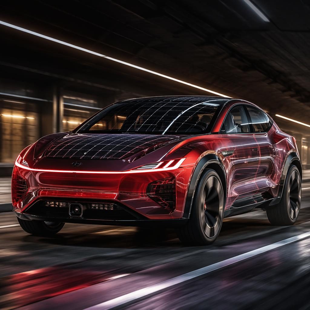 Deep red translucent futuristic SUV concept in a tunnel, shown from a low front angle with cinematic lighting