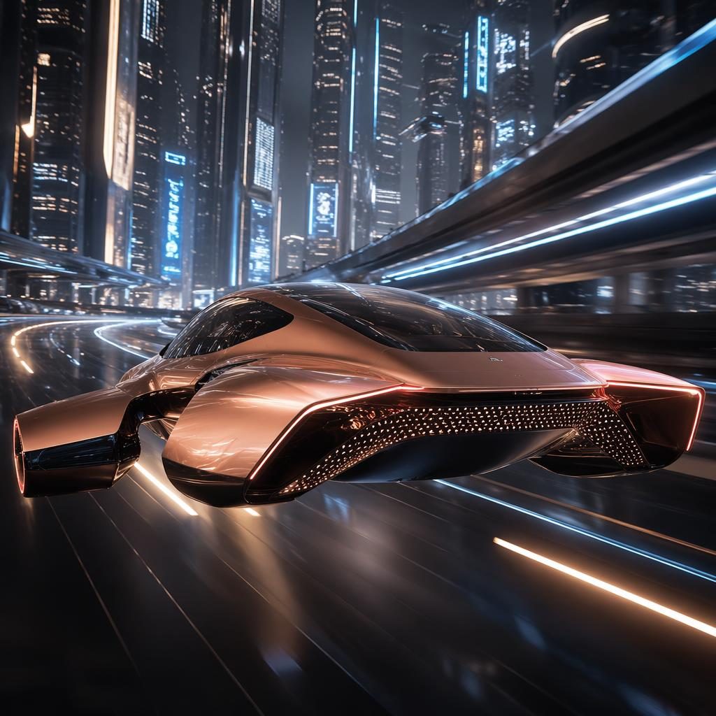 Koncept futuristického elektrického létajícího auta v měděné perleti, pohled zezadu ze tří čtvrtin nad neonovou dálnicí.